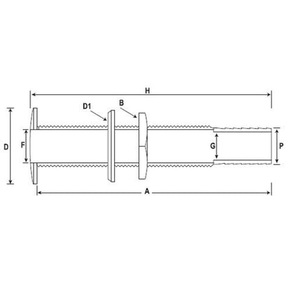 LONG BRASS SKIN FITTING 3/4"BSP 19mm HOSE 142mm